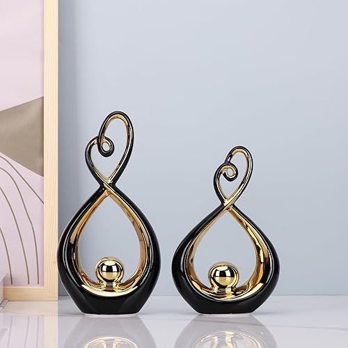 Miniatura 4 de Decoración del hogar de arte moderno, juego de 2 piezas de escultura abstracta de cerámica, decoración de estatua negra y dorada, hermosa decoración