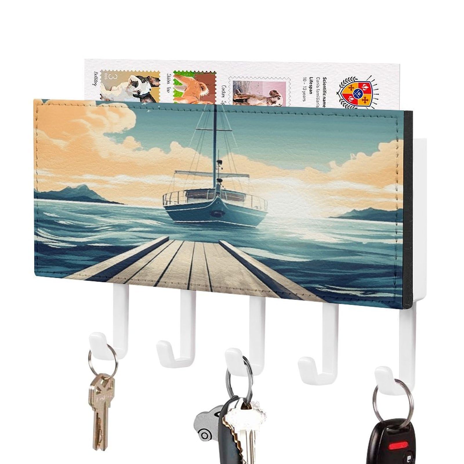 FekiLoot Boat Seascape Theme Key Holder Wall Mount Key and Mail Holder Key Hanger with 5 Hooks Decorative PU Key Rack Hanging Key Hooks for Wall Living Room Kitchen Bathroom Hallway White-Style