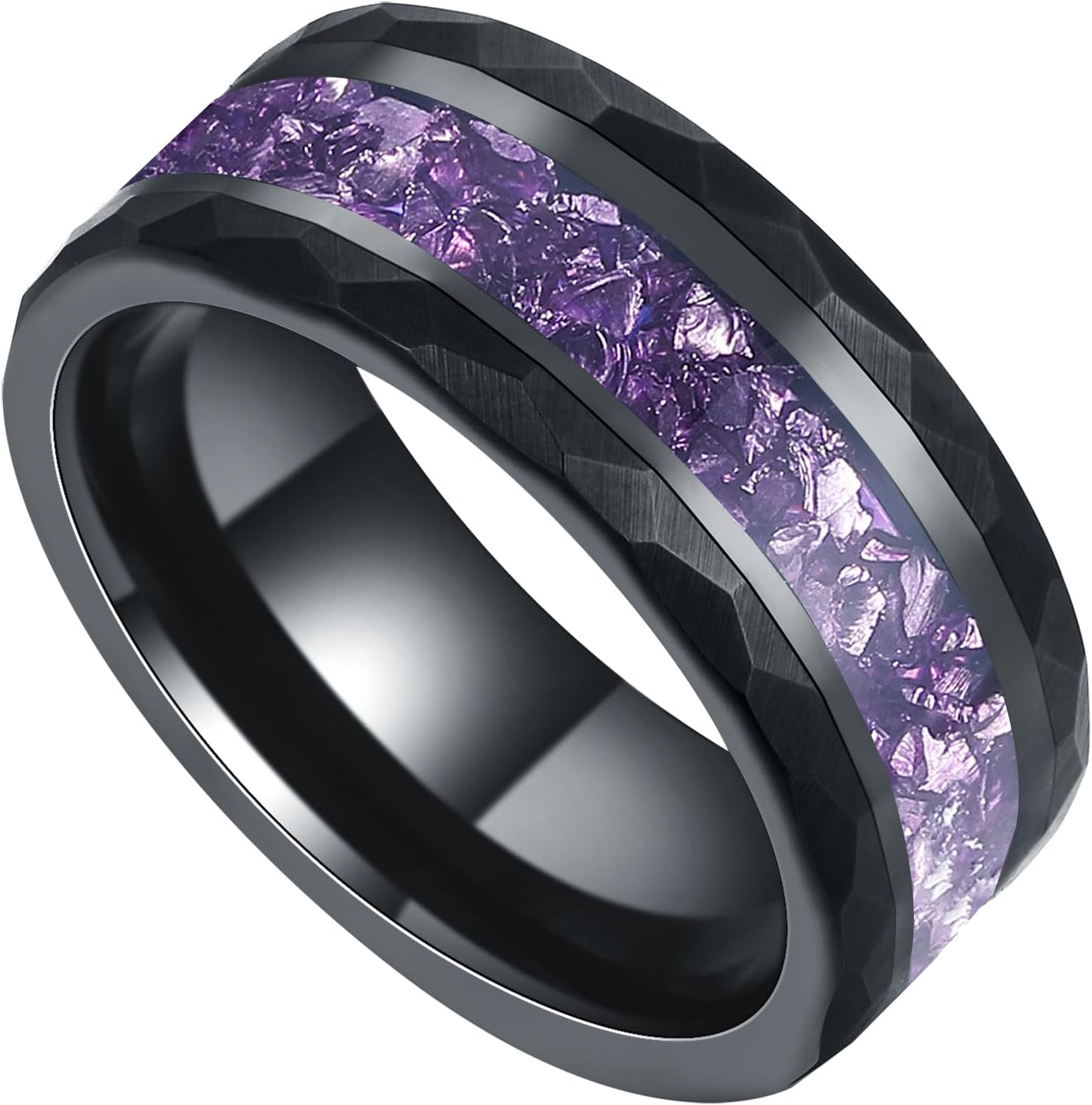 Hammered 8mm Black Gold Plated Tungsten Mens Wedding Bands Ring with Amethyst/Moss Agate/Emerald/Citrine/Aquamarine Option, Gothic Birthstone Tungsten Carbide Unique Daily Wear Promise Rings for Him Size 7-14