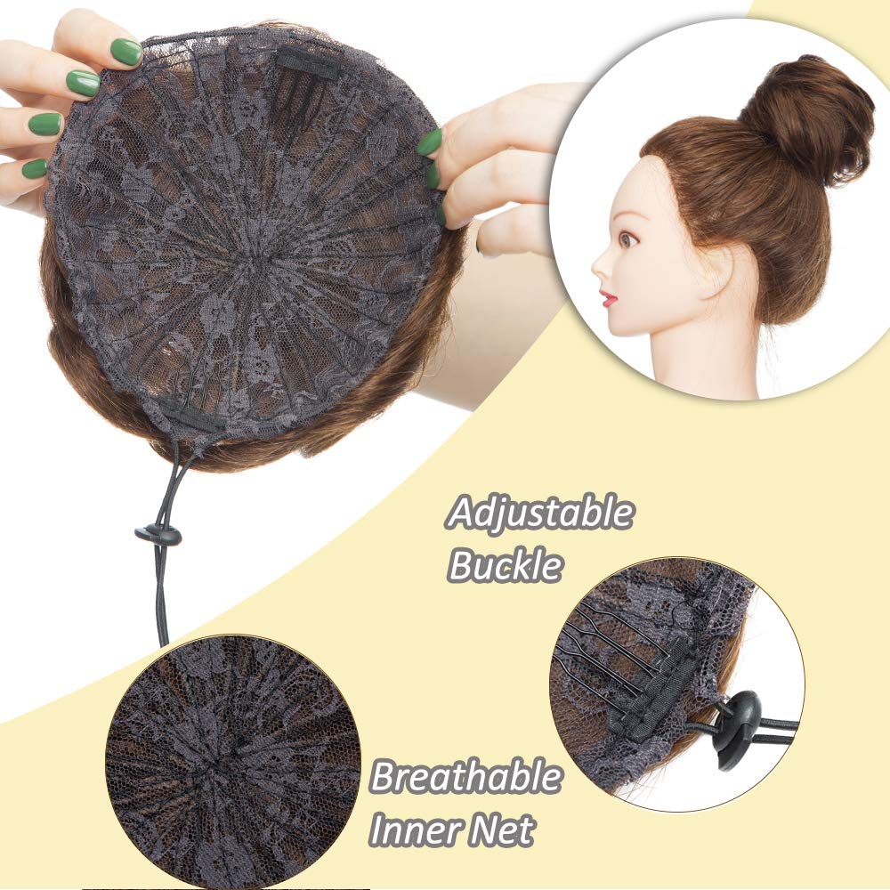 Hairro Drawstring Hair Bun Extensions 100% Human Hair Wavy Hairpiece for Updo Style #4 Medium Brown Human Hair Short Chignon for Women Donut Ponytail
