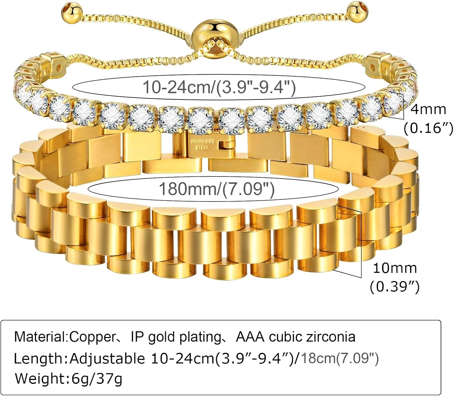 MPRAINBOW 2pcs 18K Gold Plated Chain Link Bracelet, Stainless Steel Crystal Friendship Bracelets Bangle,Watch Band Chains Wristband Jewelry with Adjust Tool