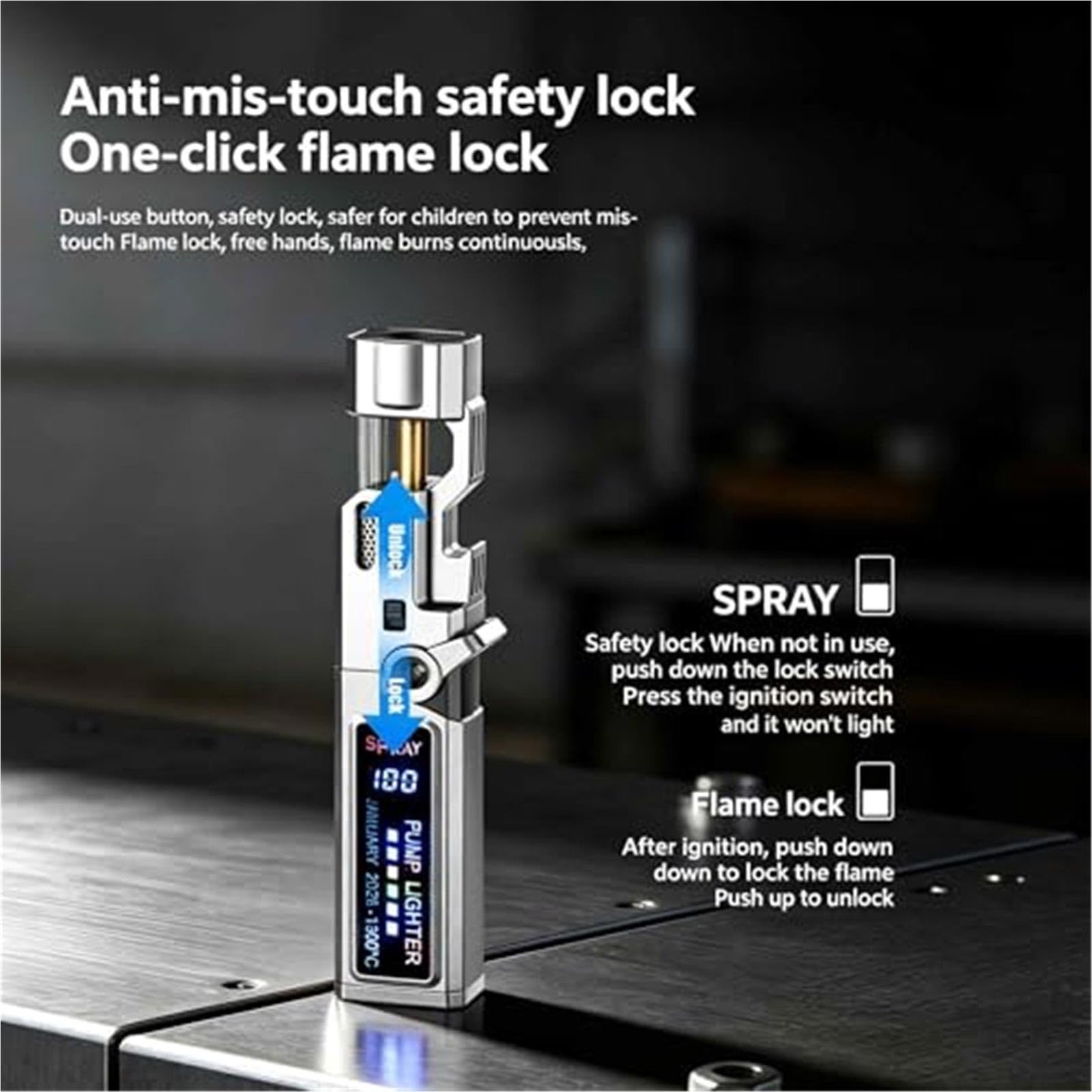 Encendedor resistente al viento con cerradura de seguridad y abridor de botellas, diseño de metal portátil, perfecto para velas, camping y regalo, funcionalidad 3 en 1