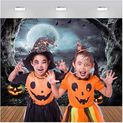 Miniatura 4 de Telón de fondo de fotografía de Halloween de 7 x 5 pies, horrible farol de calabaza y telón de fondo de noche de luna llena para decoración de