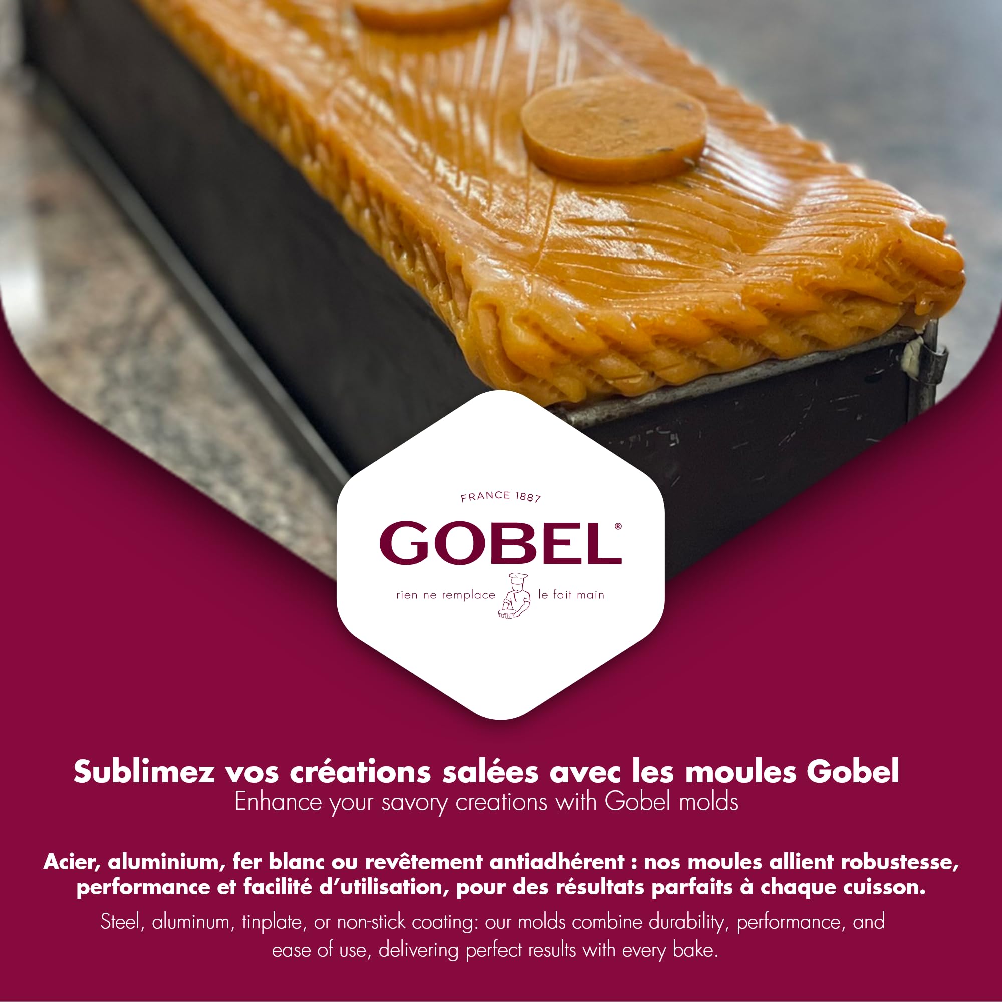 Gobel - Moule à pâté en croûte long, à charnières, fond amovible - 40 cm | Fabrication française ; l/H 8cm, environ 20 parts, antiadhérent sans PFAS ; démoulage facile, résiste 250°C, qualité pro