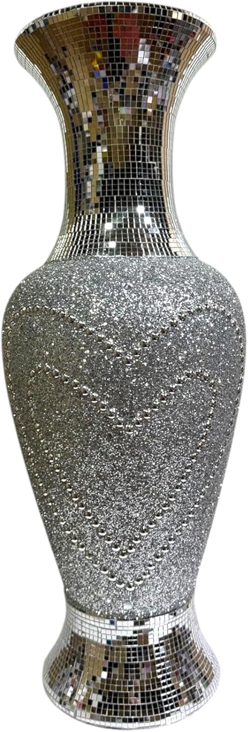 Silver Sparkle Flower Vase, Crushed Diamond Ceramic Handcrafted Floor Ornament, Luxury Bling Mirrored Crystal Vase – 60CM Tall for Home, Office, Countertop, Tabletop Decoration