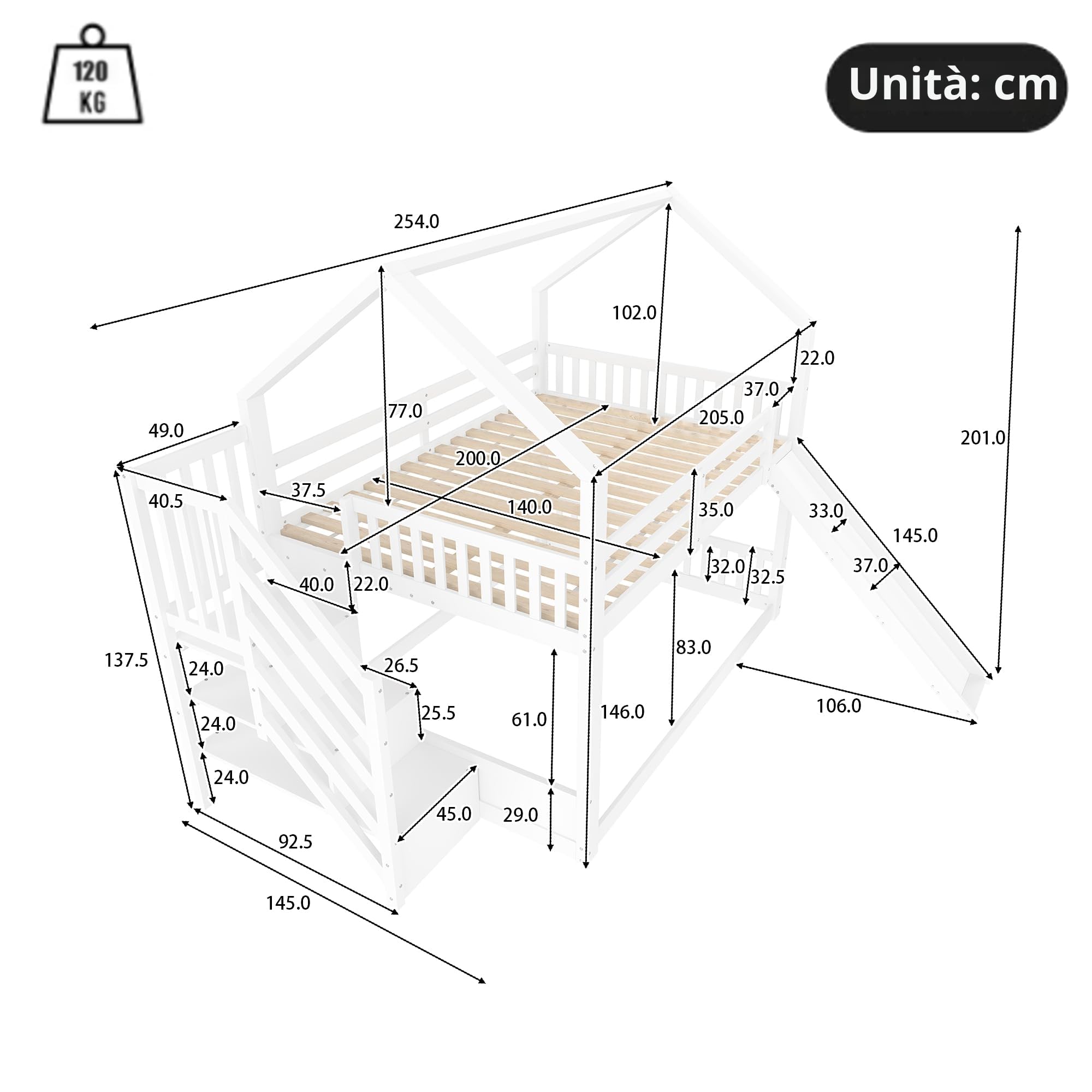 Azkoeesy Letto a Castello con Scivolo e Scaletta 140x200 cm, Design a Forma di Casetta, con Mensole, Sponda e Doghe, Legno di Pino Bianco, Ideale per Bambini e Ragazzi