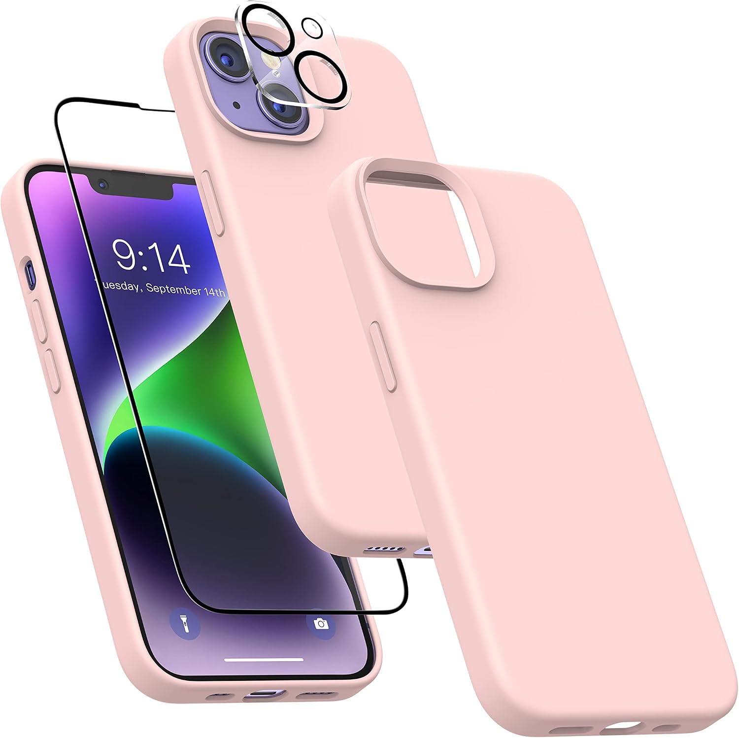 MXX for iPhone 14 Plus Case - Silicone Case with Screen Protector and Camera Lens Protector - Microfiber Lining Anti-Scratch Fullbody Protective Sand Pink