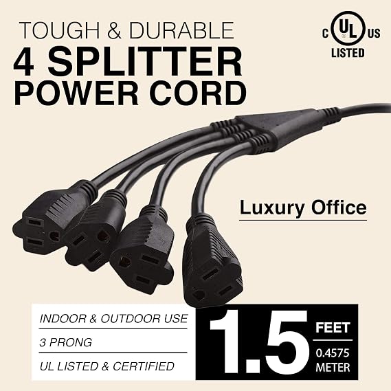 4 Way Power Splitter - Pack of 5: 1 to 4 Plug Power Strip, 1.5' Cord, 3 Prong Outlet, Black, SJT 16 AWG, UL Listed