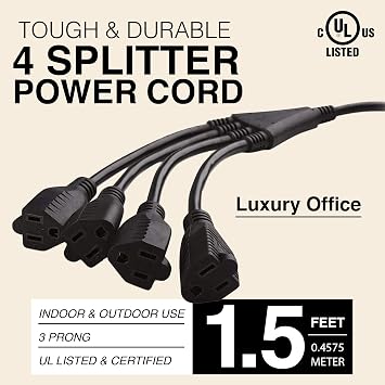 4 Way Power Splitter - Pack of 5: 1 to 4 Plug Power Strip, 1.5' Cord, 3 Prong Outlet, Black, SJT 16 AWG, UL Listed