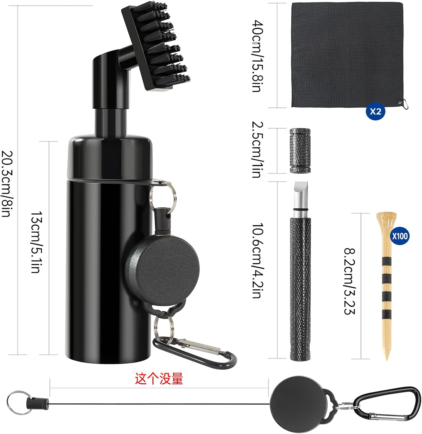 Golf Club Cleaner Brush with 5oz Water Bottle, 8.3“ Leak-Proof Design, 2 Towels & 100 Bamboo Golf Tees – Golf Accessories for Men & Women - Image 2