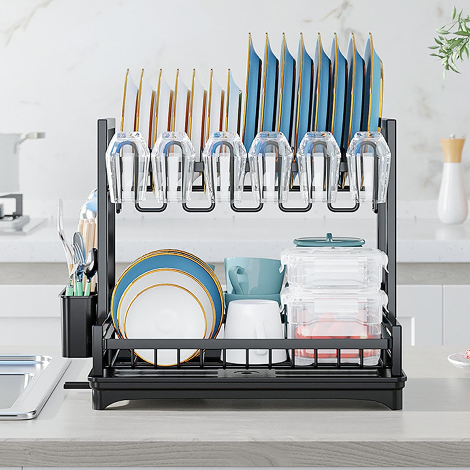 Estante para platos de cocina, estante para secar platos para cocina | Soporte para platos de encimera con diseño de doble capa para tazas, platos pequeños,