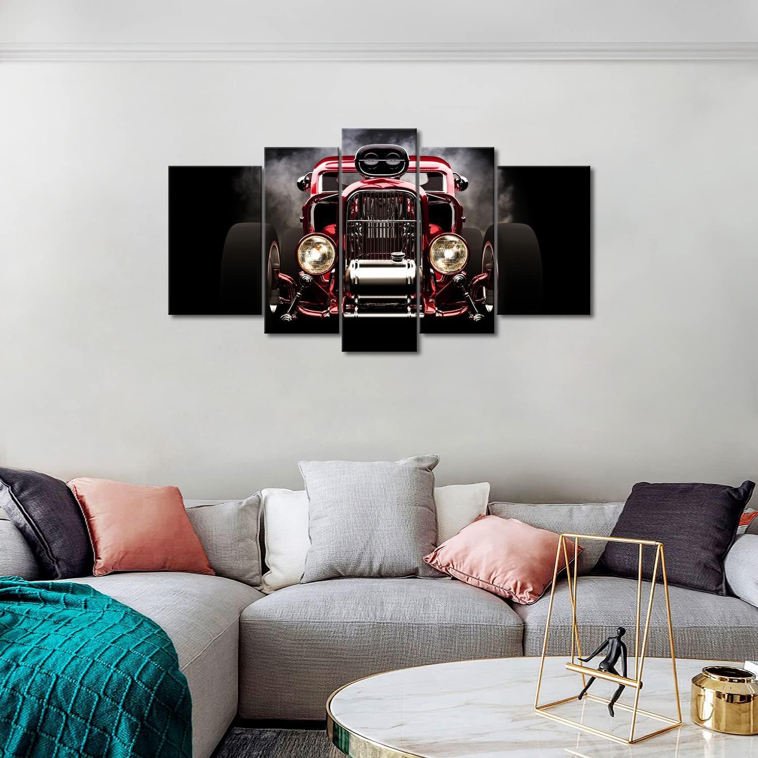 5 Pieces Retro Car Wall Art with Painting The Picture Vintage Motorcycle Print On Canvas for Home Decor Decoration (Stretched by Wooden Frame,Ready to Hang)