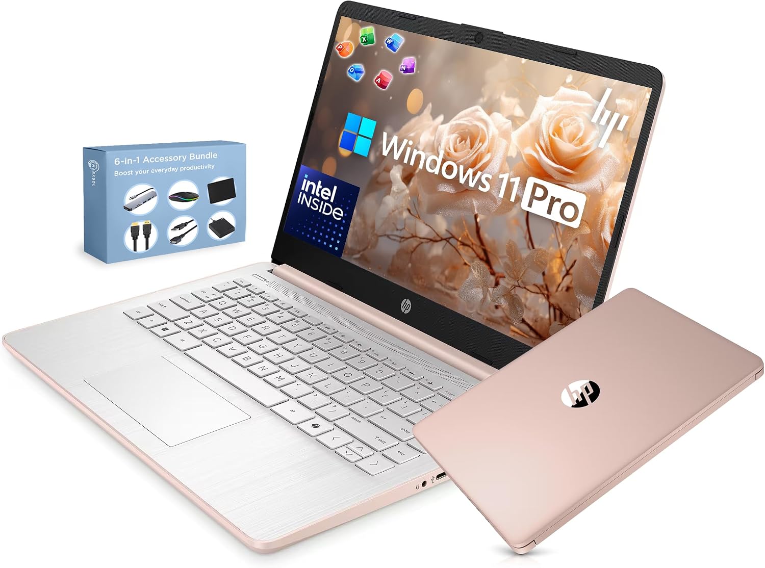 14” Ultra Light Thin Laptop Computer 2026 Premium, MS Office, Copilot AI, 4-Core Intel CPU, 4GB DDR5 RAM, 628GB Storage (128GB UFS+500GB Ext), Long Battery, MarxsolAccessory, Win 11 Pro, Rose Gold
