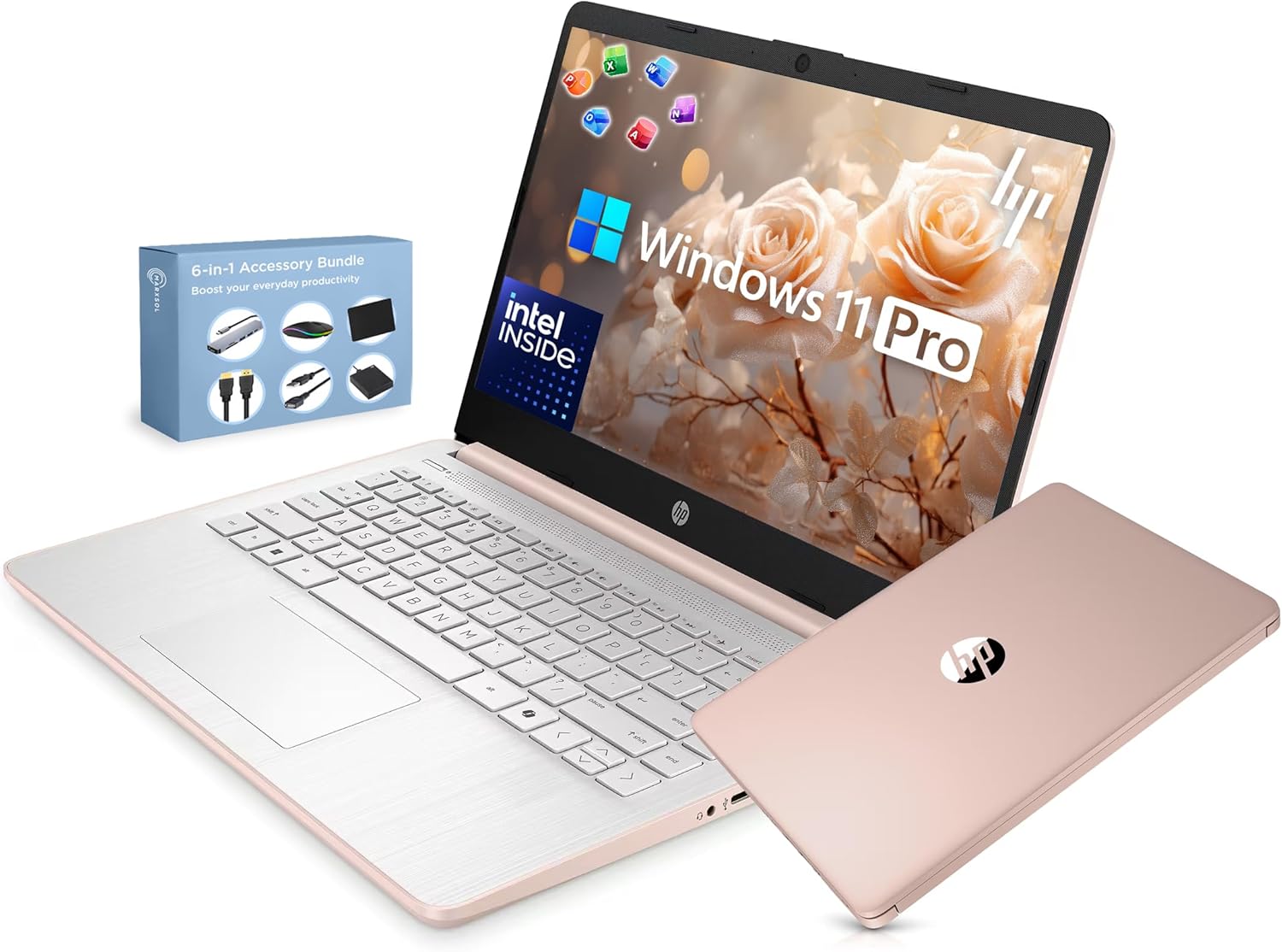 HP 14” Ultra Light Thin Laptop Computer 2026 Premium, MS Office, Copilot AI, 4-Core Intel CPU, 4GB DDR5 RAM, 628GB Storage (128GB UFS+500GB Ext), Long Battery, MarxsolAccessory, Win 11 Pro, Rose Gold