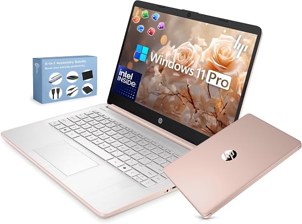 HP 14” Ultra Ligera Laptop Delgada 2026 Premium, MS Office, Copilot AI, CPU Intel de 4 Núcleos, 4GB RAM DDR5, 628GB Almacenamiento (128GB UFS+500GB Ext), Batería de Larga Duración, MarxsolAccessory, Win 11 Pro, Rosa Dorado
