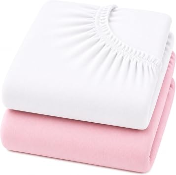 Dudu N Girlie Next to Me Crib Sheets 85x51cm   White & Pink, 2 Pack, 100% Jersey Cotton Fitted Bedding for Bedside & Co-Sleeping Cribs