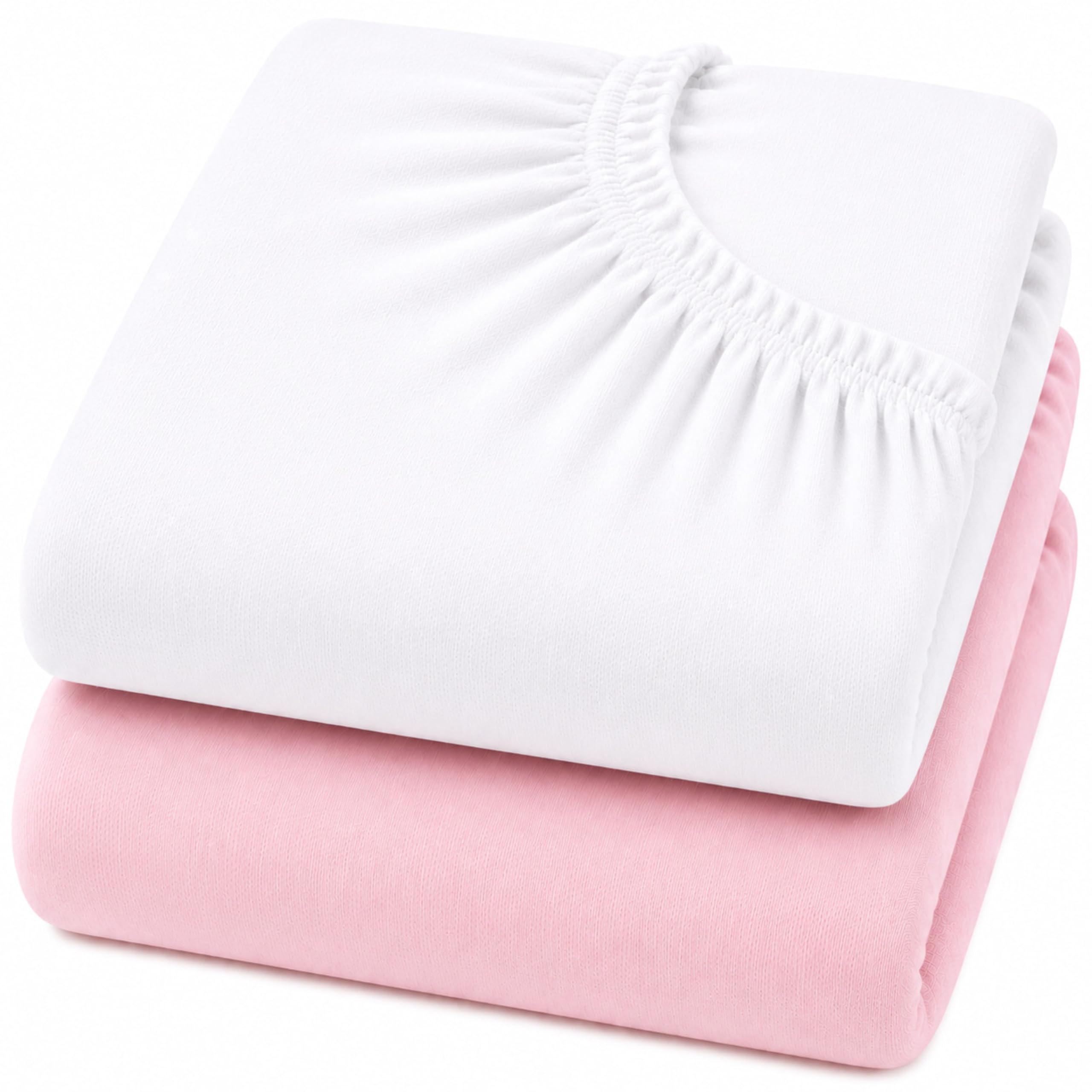 Dudu N Girlie Next to Me Crib Sheets 85x51cm – White & Pink, 2 Pack, 100% Jersey Cotton Fitted Bedding for Bedside & Co-Sleeping Cribs