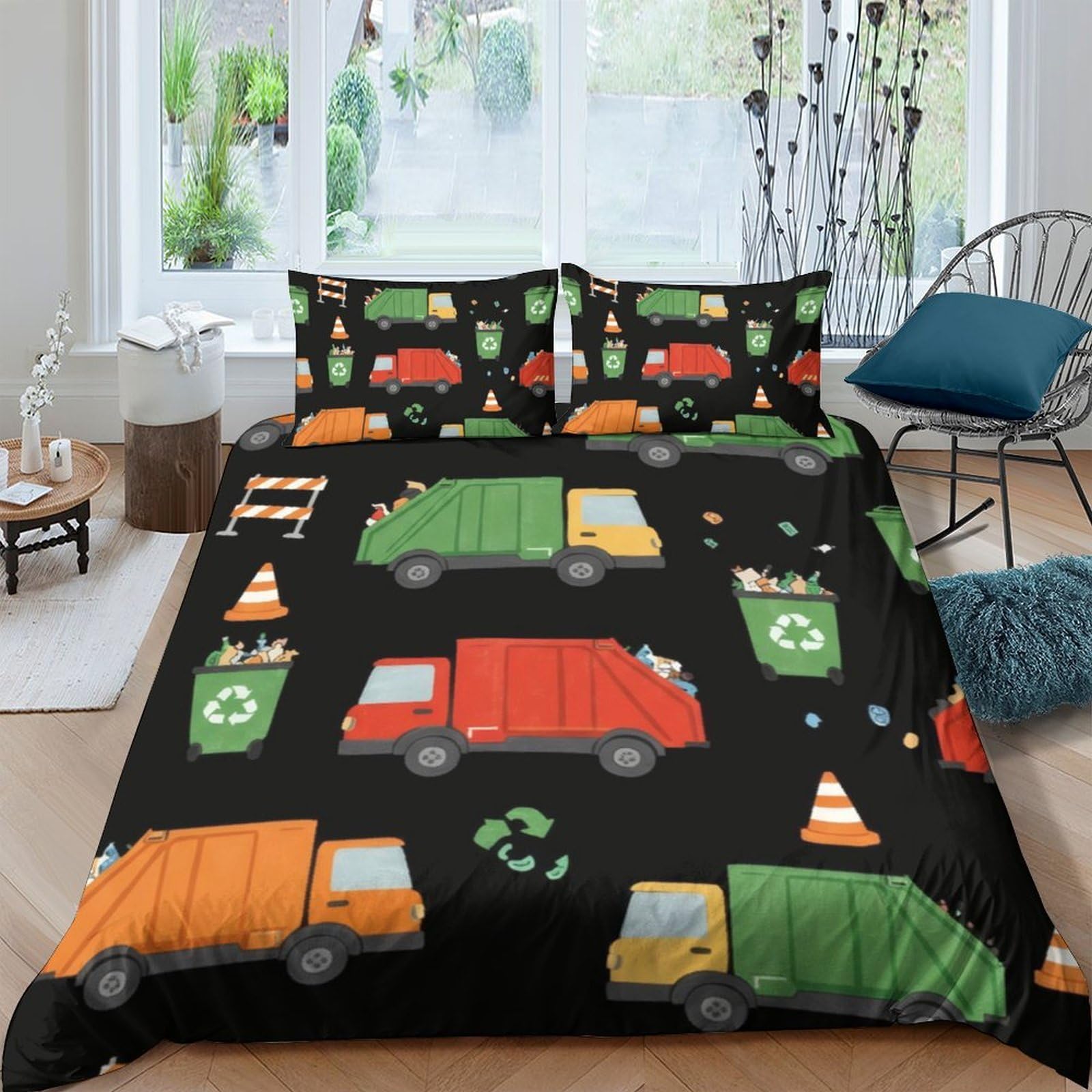 Ctjqhvkz Style-1 3D Printed Garbage Truck Fitted Sheet Microfiber Soft Recycling Bin Bed Sheet Anti-Slip Machine Washable Bedroom Decor Single（135X200cm）