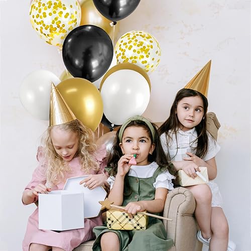 Miniatura 8 de Paquete de 50 globos de látex metálicos negros y dorados de 12 pulgadas con 1 rollo de cinta para decoración de cumpleaños, graduación, celebración,