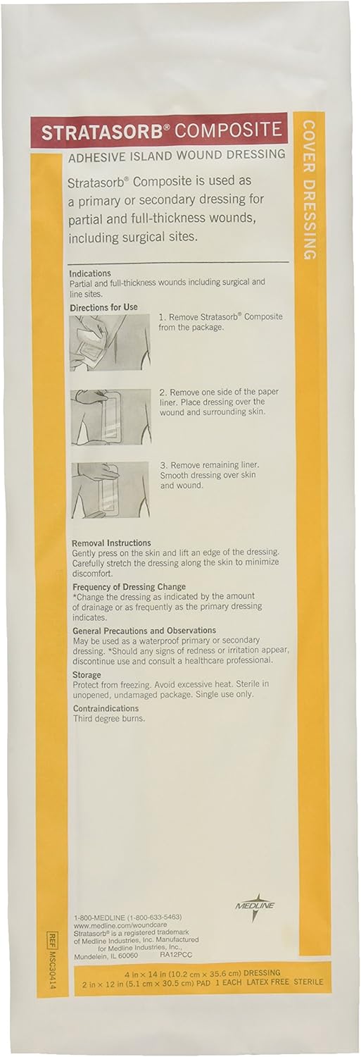 Medline Stratasorb Composite Composite Adhesive Island Wound Dressings, 4" x 14" (Pack of 10)