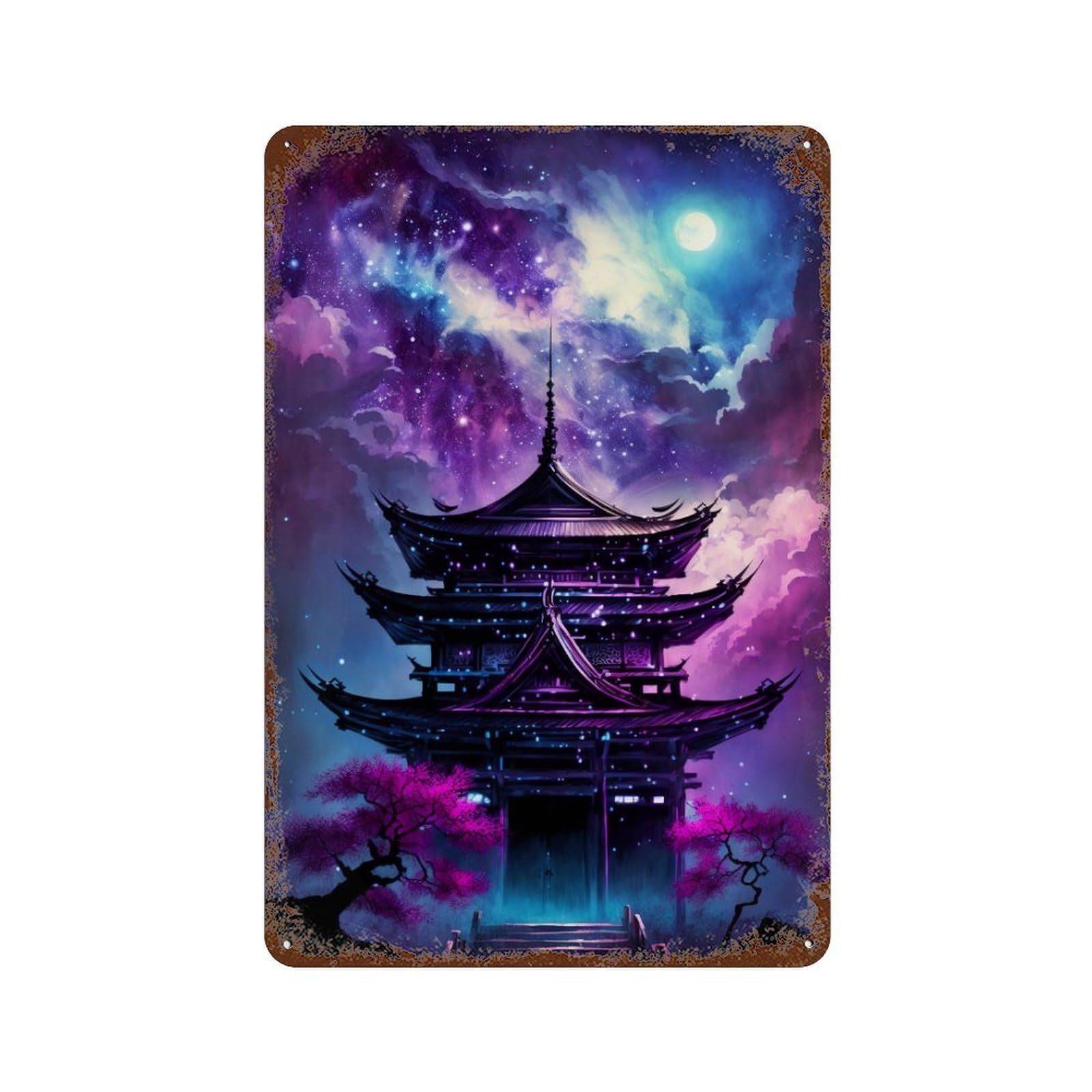 Enchanted Pagoda Sky -1 Rust Effect Tin Sign 11.8"x7.9", Industrial Home Decor for Garage, Pub Or Kitchen