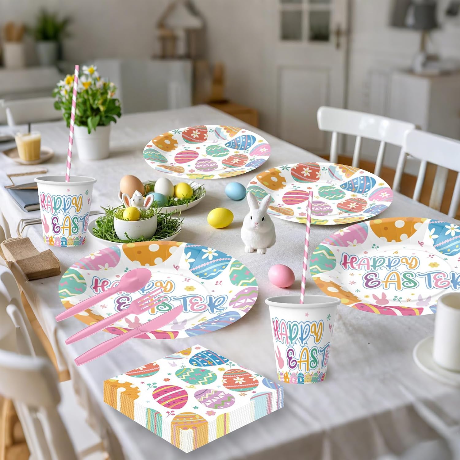 200PCS Easter Plates and Napkins Tableware Set, Easter Eggs Designed Disposable Dinnerware with Paper Plates, Napkins,Paper Cups,knives,Forks,Spoons and Straws for Party Supplies- Serves 25