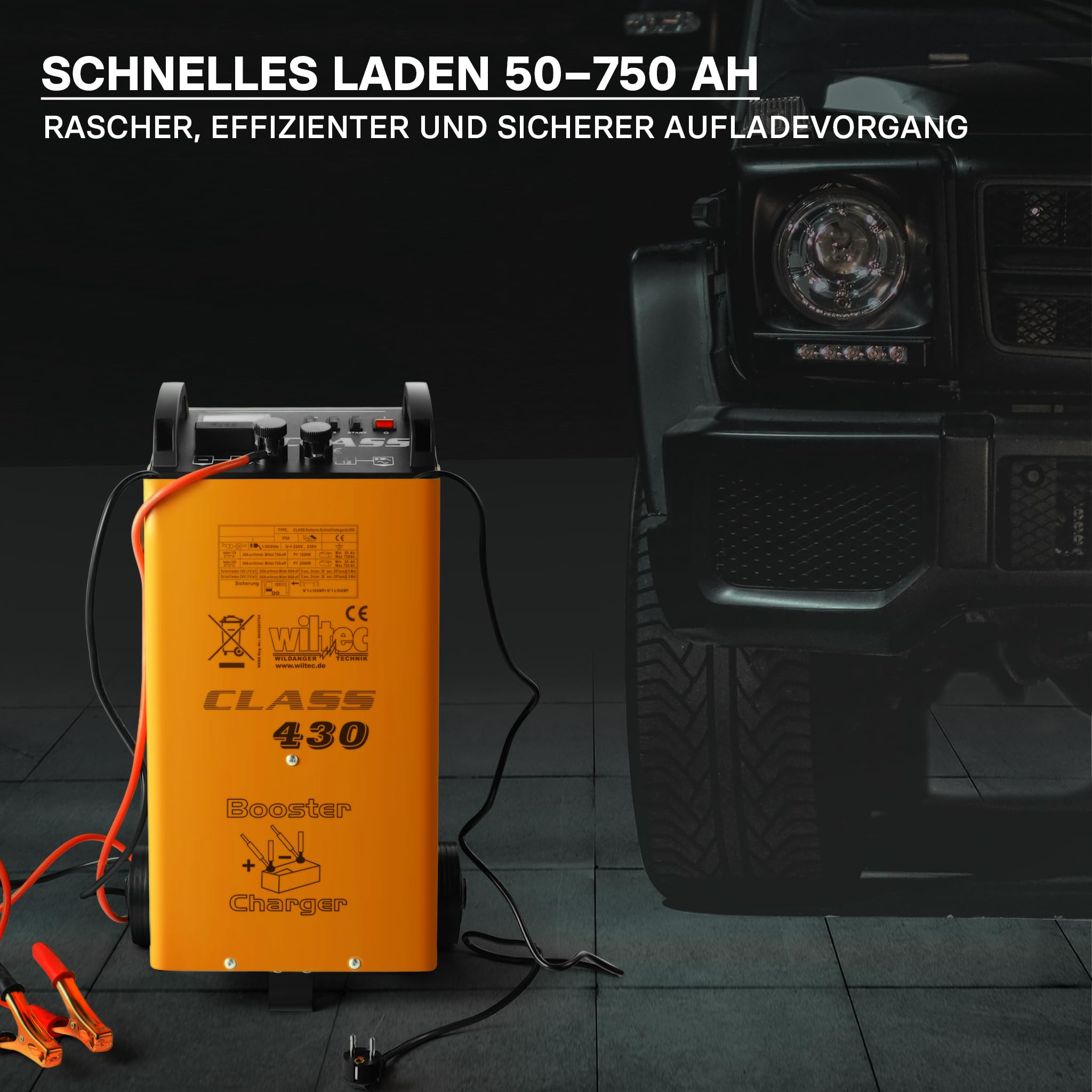 Wiltec Batterieladegerät 12V 24V 30A Batterie, Ladegerät und Starthilfe für Motorräder, Kfz, LKW, Akkuladegerät Boost 430 mit Schnellladung