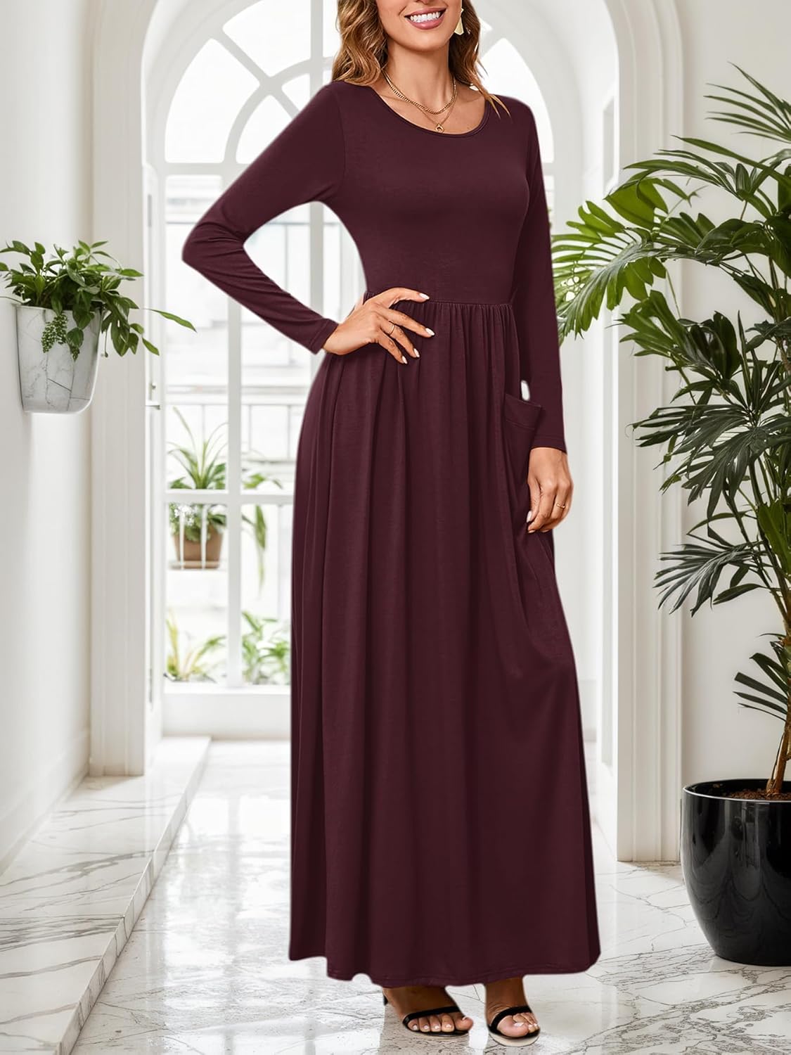 Women's Long Sleeve Maxi Dress High Waist Flowy Crewneck Vintage Wedding Guest Formal Long Dresses - Image 4