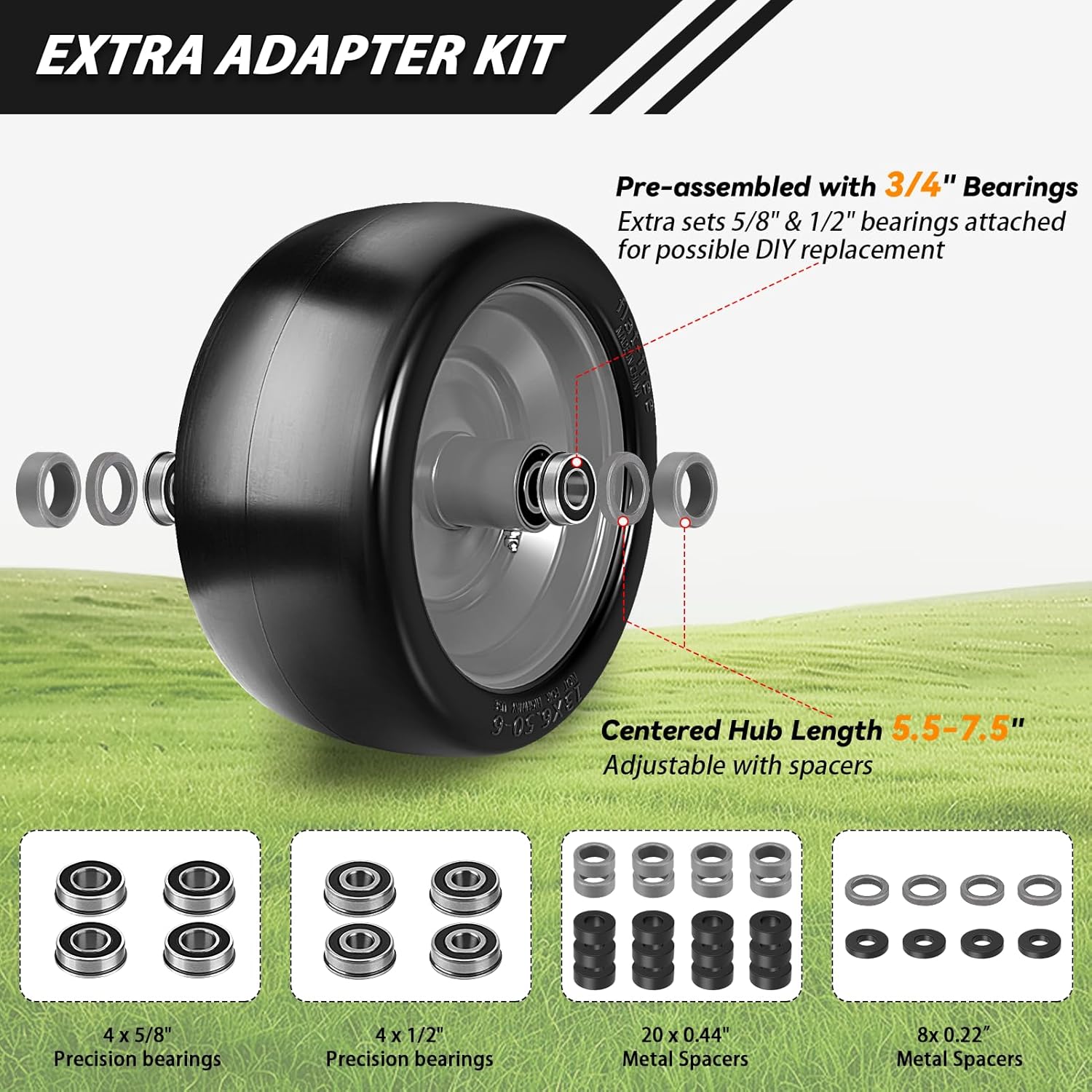 Upgrade 13x6.50-6 Lawn Mower Tires Flat Free,13x6.5-6 Tire and Wheel with 3/4"& 5/8" Bearing,5.5"-7.5" Centered Hub,13x6.5-6 Zero Turn Mower Front Tire for Residential and Commercial Garden Lawn,2 Pcs