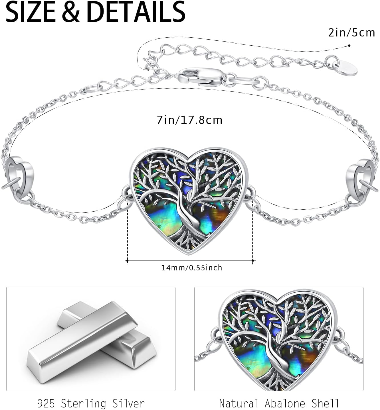 Cuoka Tree of Life Bracelet S925 Sterling Silver Heart Abalone Family Tree Nature Bracelets Jewelry for Women Anniversary Birthday Christmas Gifts for Wife Mom Her with Gift Box - Image 2