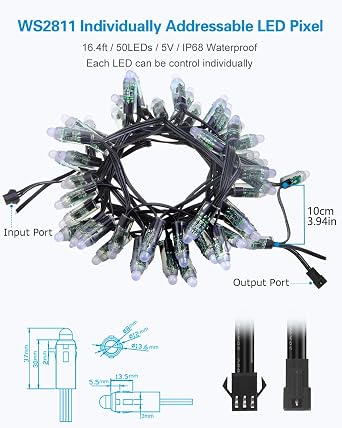 ALITOVE WS2811 Addressable LED Pixel Light 50pcs 5V 12MM Digital Dream Color Diffused RGB LED Pixels Module Round Black Wire IP68 Waterproof for Billboard House Halloween Christmas Decor