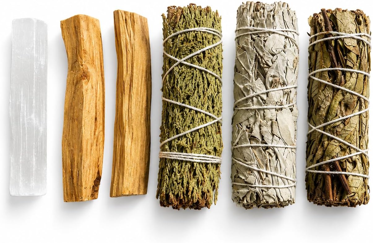 Premium Smudging Kit with White Sage, Cedar Smudge, Yerba Santa, Palo Santo & Selenite Crystal - 6 Piece Cleansing & Relaxation Set for Meditation, Rituals & Home Atmosphere