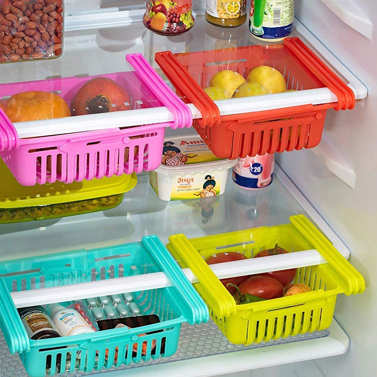 JHWOQU 4 Pcs Expandable Fridge Storage Basket Under Shelf Fridge
