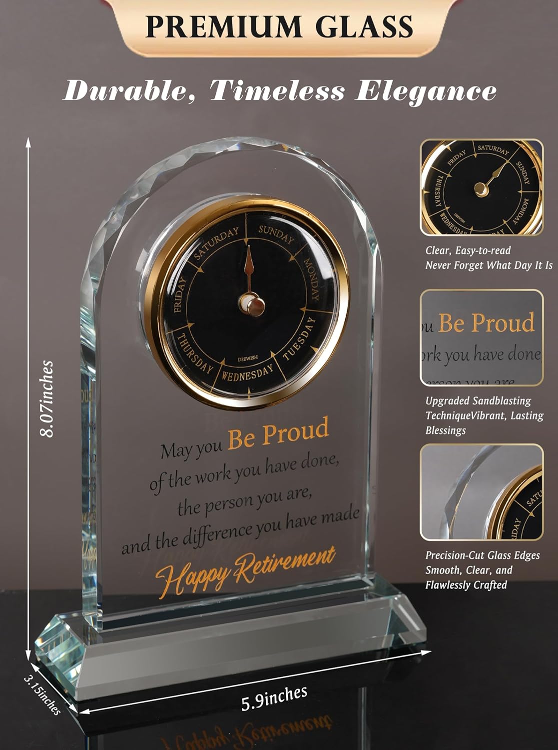 DEEWISH Retirement Gift for Women Men, Days of the Week Desk Clock, Happy Retirement Plaque Gifts for Coworkers Boss, Going Away Gift for Retired Friends, Farewell Presents for Teacher Doctor Nurses - Image 3
