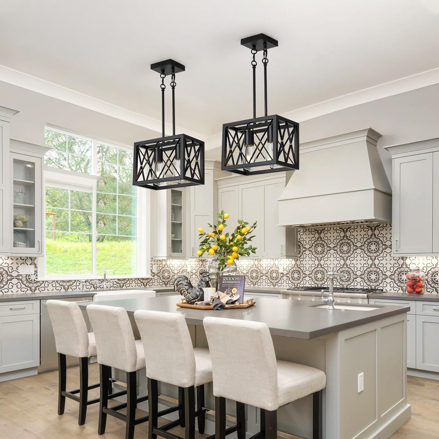 KEESFU Black Farmhouse Pendant Light, 2 Lights Small Kitchen Lighting Fixtures, Adjustable Height, Industrial Dining Room Light for Living Room Foyer Dining Table Over Sink.