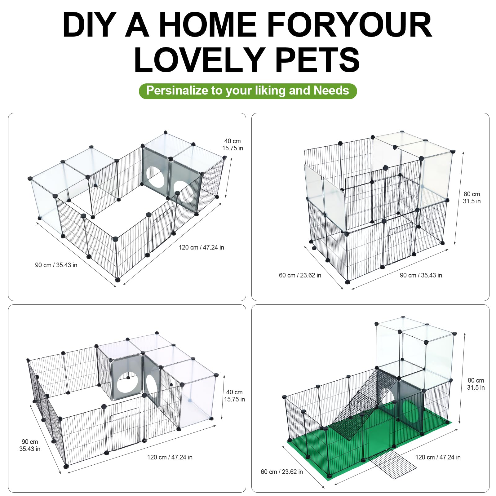 JUNGLE STONE Laufgitter für Meerschweinchen, Kaninchen, Kleintiere, Haustier-Trainingszaun mit Matte und Rampe, DIY-Eisen-Netz-Panel, interessantes Spielloch-Design, ideal für Welpen, Kätzchen