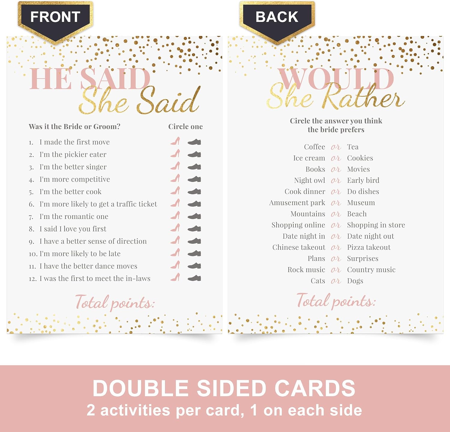 Bridal Shower Games + Advice Cards - For 30 Guests - 4 Activities on Double Sided Cards Includes 3 Games & 1 Advice Card - Pink With Gold Metallic Details for Wedding Showers- Set of 4 Activities