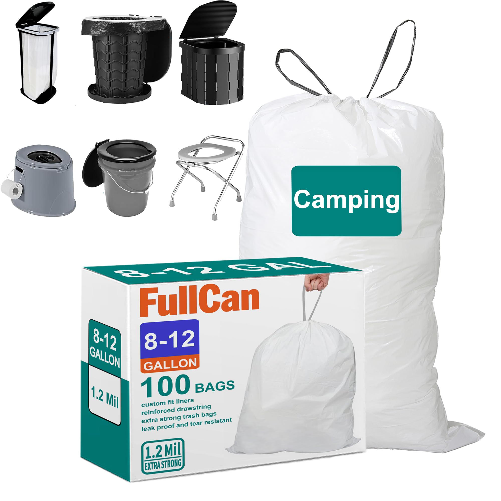 Camping Toilet Bags and Trash Bags 1.2 Mil THICK Heavy Duty with Reinforced Drawstring 8-12 Gallon 100 Count for 5, 8 Gallon Toilet Bucket for Camping, Hiking, Travel, Kitchen, Home