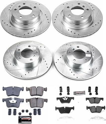 Miniatura 2 de Power Stop K6744 Pastillas de freno de fibra de carbono delanteras y traseras Z23 con kit de rotores de freno perforados y ranurados y 1 cable de