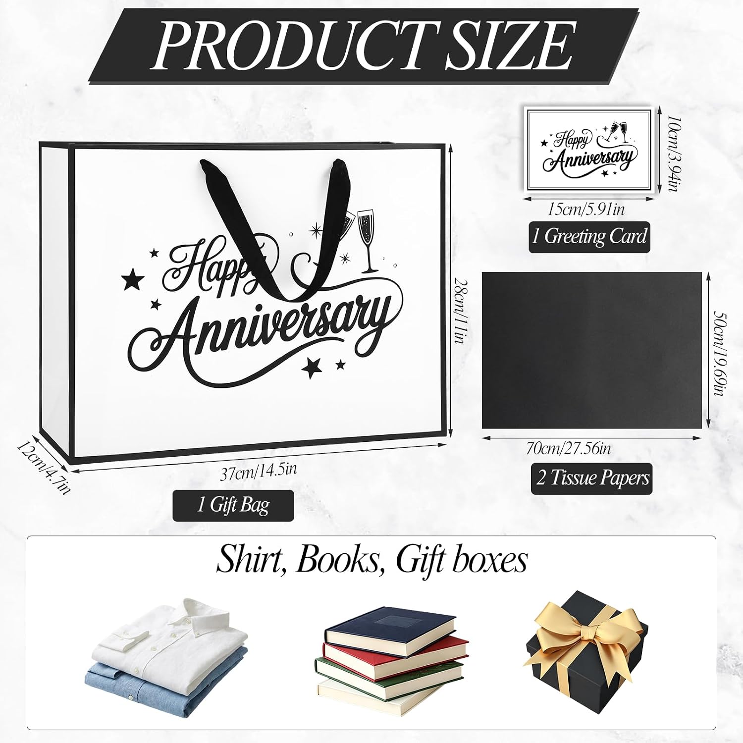 mypartyco 14.5" Large Anniversary Theme Gift Bags, White Black Design image 3