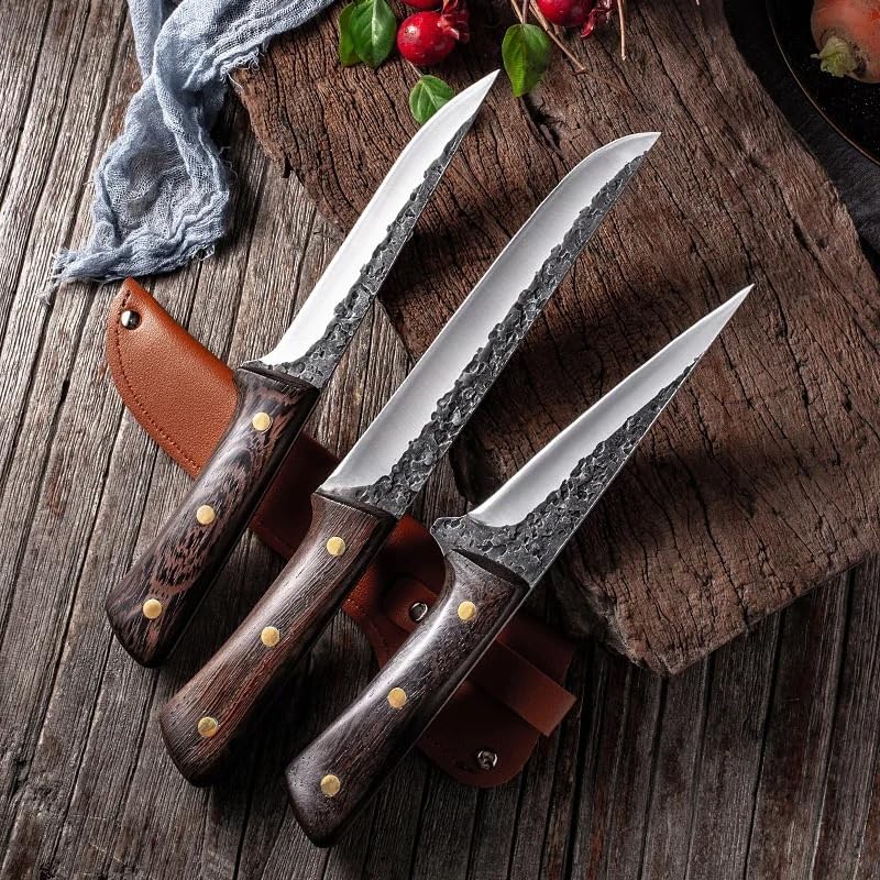 Meat Cleaver, 3 PCS Boning Knife Set Handmade Forged Kitchen Knives Meat Slaughtering Butcher Knives With Cover