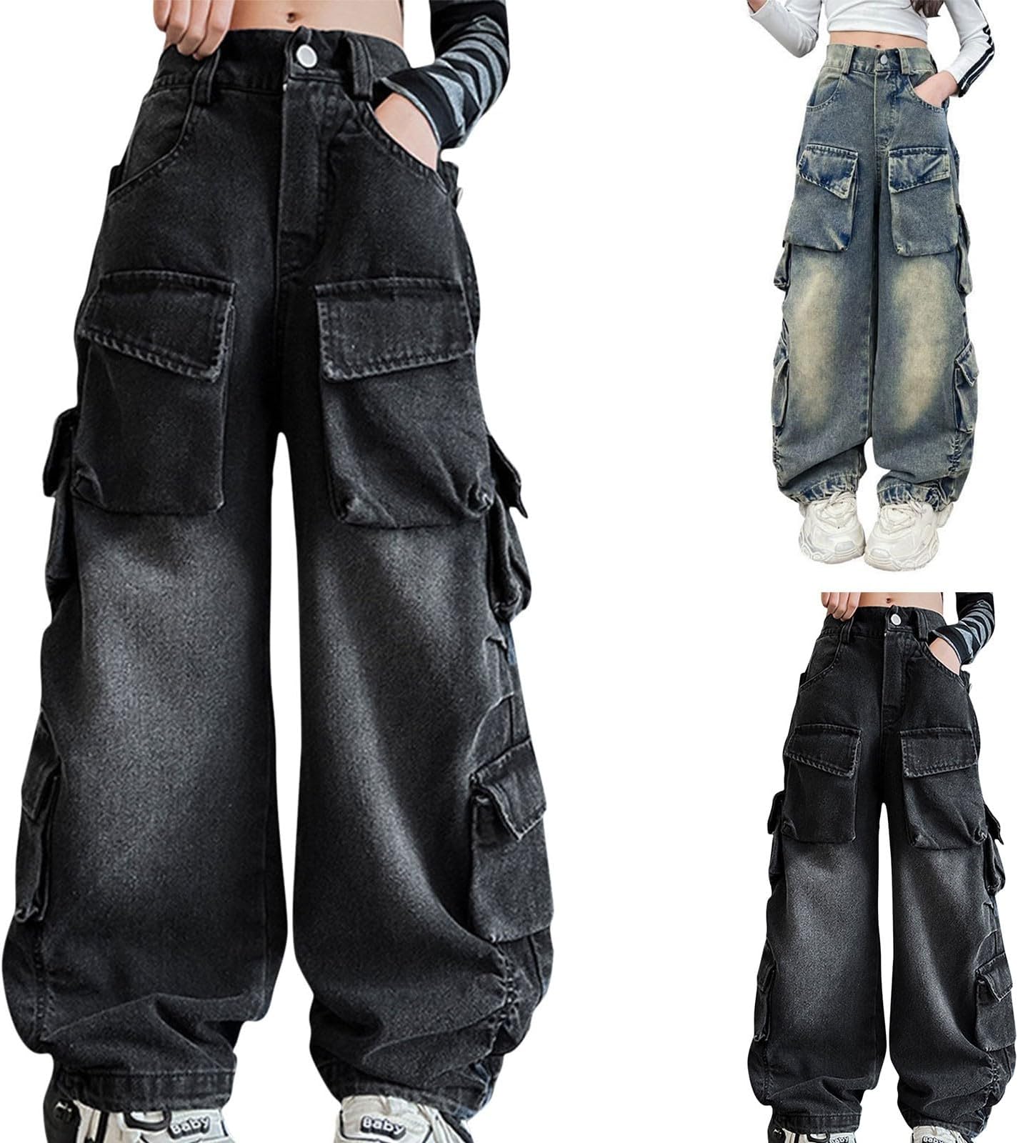 Kids Cargo Denim Jeans Wide Leg Baggy Pant for Girls Boys Casual Washed Black Streetwear Denim Trousers Trendy Hiphop