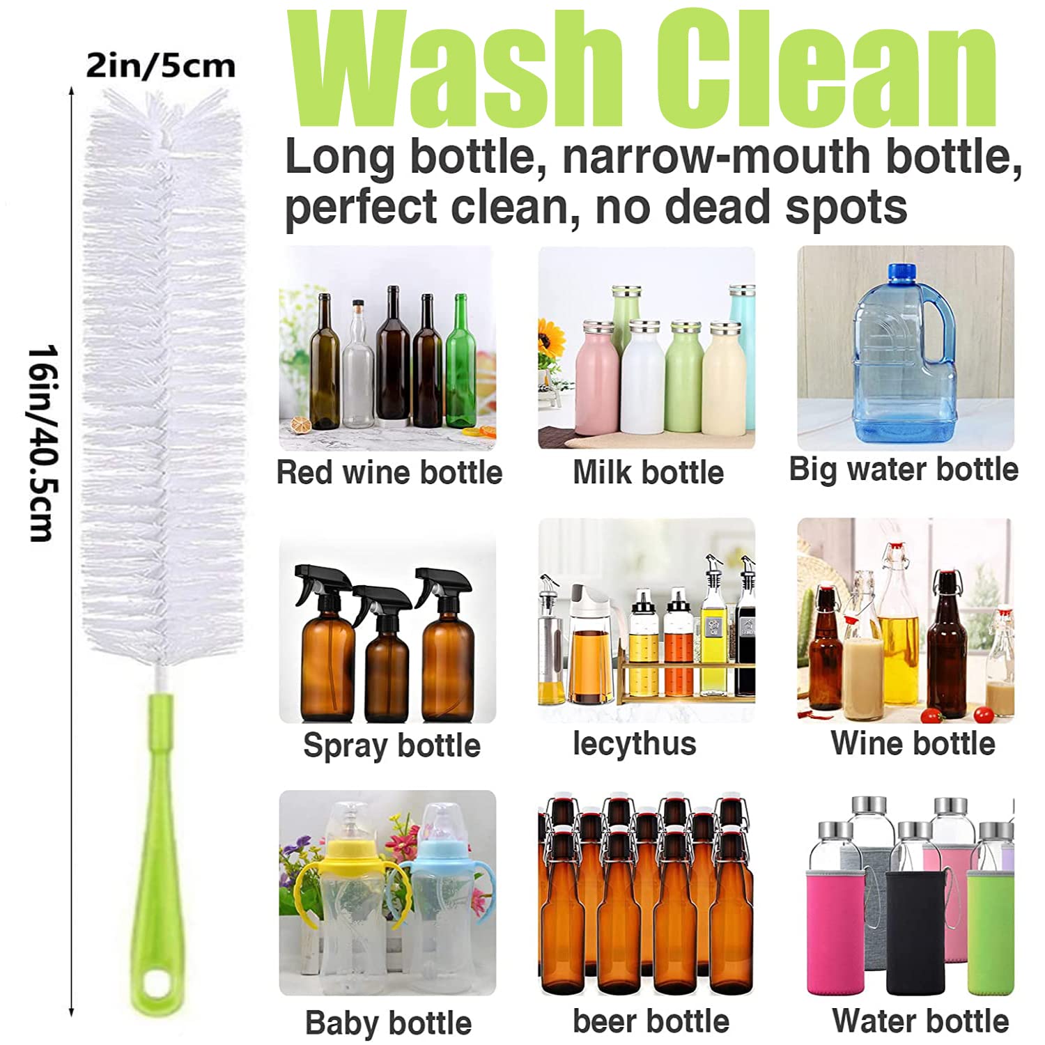 6Pcs Bottle Cleaning Brush Set-Long Handle Water Bottle Cleaner Brush for Washing Wine Decanter,Beer Bottle,Baby Bottles,Include Sports Water Bottles|Straw Brush|Kettle Spout|Lid Brush|Thermos(Green)