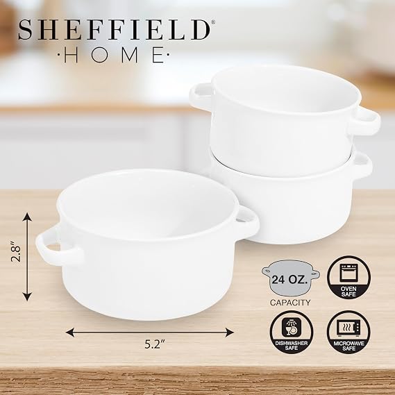 Sheffield Home Set of 6 Ceramic Soup Bowls with Handles - 24oz Large Serving Bowls, Dishwasher, Microwave and Oven Safe - Great for French Onion Soup, Cereal, Chili, Stew - White
