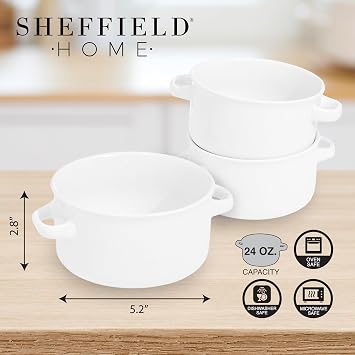 Sheffield Home Set of 6 Ceramic Soup Bowls with Handles - 24oz Large Serving Bowls, Dishwasher, Microwave and Oven Safe - Great for French Onion Soup, Cereal, Chili, Stew - White