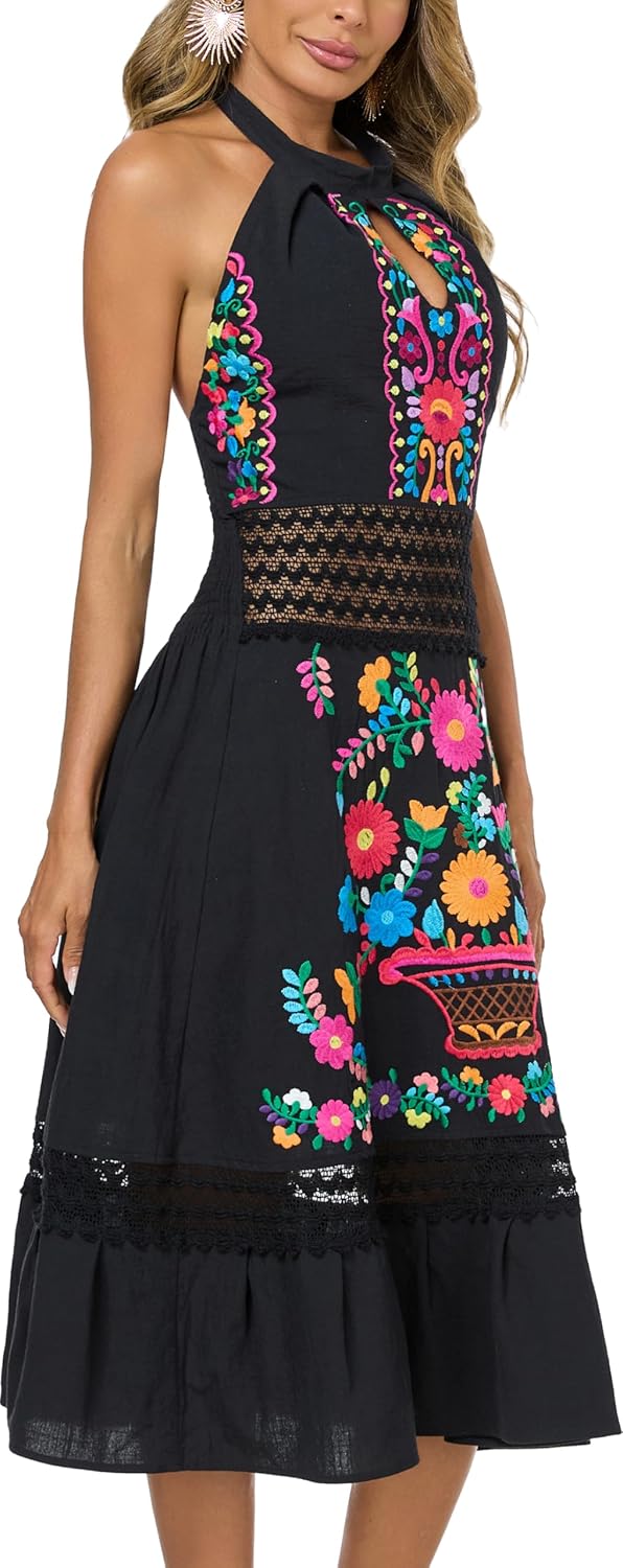 Mexican Dress Embroidered Casual Halter Off Shoulder Maxi Cocktail Dresses Sexy Dress for Women Date Night