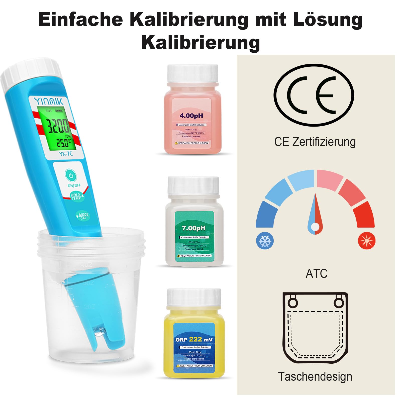 7 in 1 Pool pH Messgerät, Digitales pH- und Chlormessgerät, Salzgehaltmessgerät für Salzwasserpools, YINMIK All-in-One pH CL Salz ORP TDS EC Temperatur Prüfer für Aquarium Hydroponik Trinkwasser