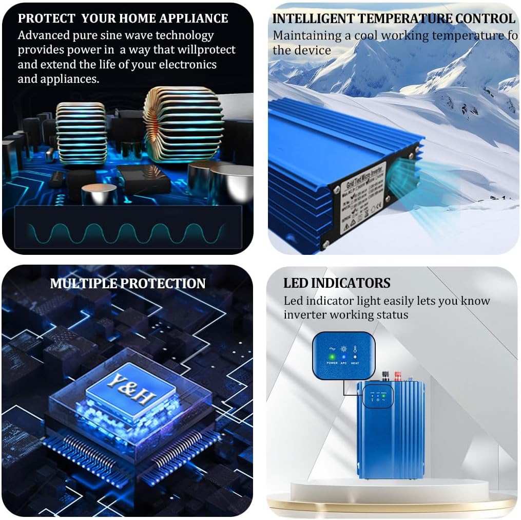 Y&H 500W Grid Tie Inverter DC16V-28V MPPT Pure Sine Wave AC110V Output for 12V Solar Panel,Adjutable 12V Battery Discharge