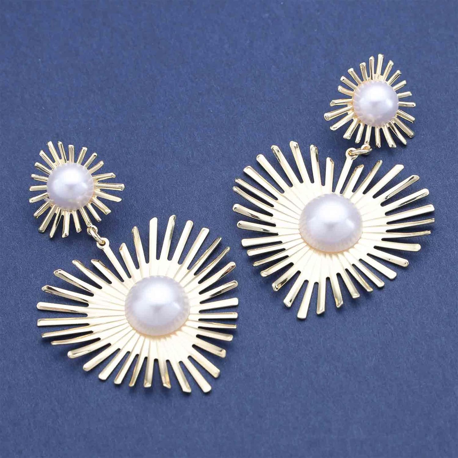 Punk Large Sunburst Earrings Sunburst Pearl Drop Earrings Statement Pearl Heart Earrings Gold Sun Stud Earrings Exaggerate Hear Dangle Earrings - Image 3