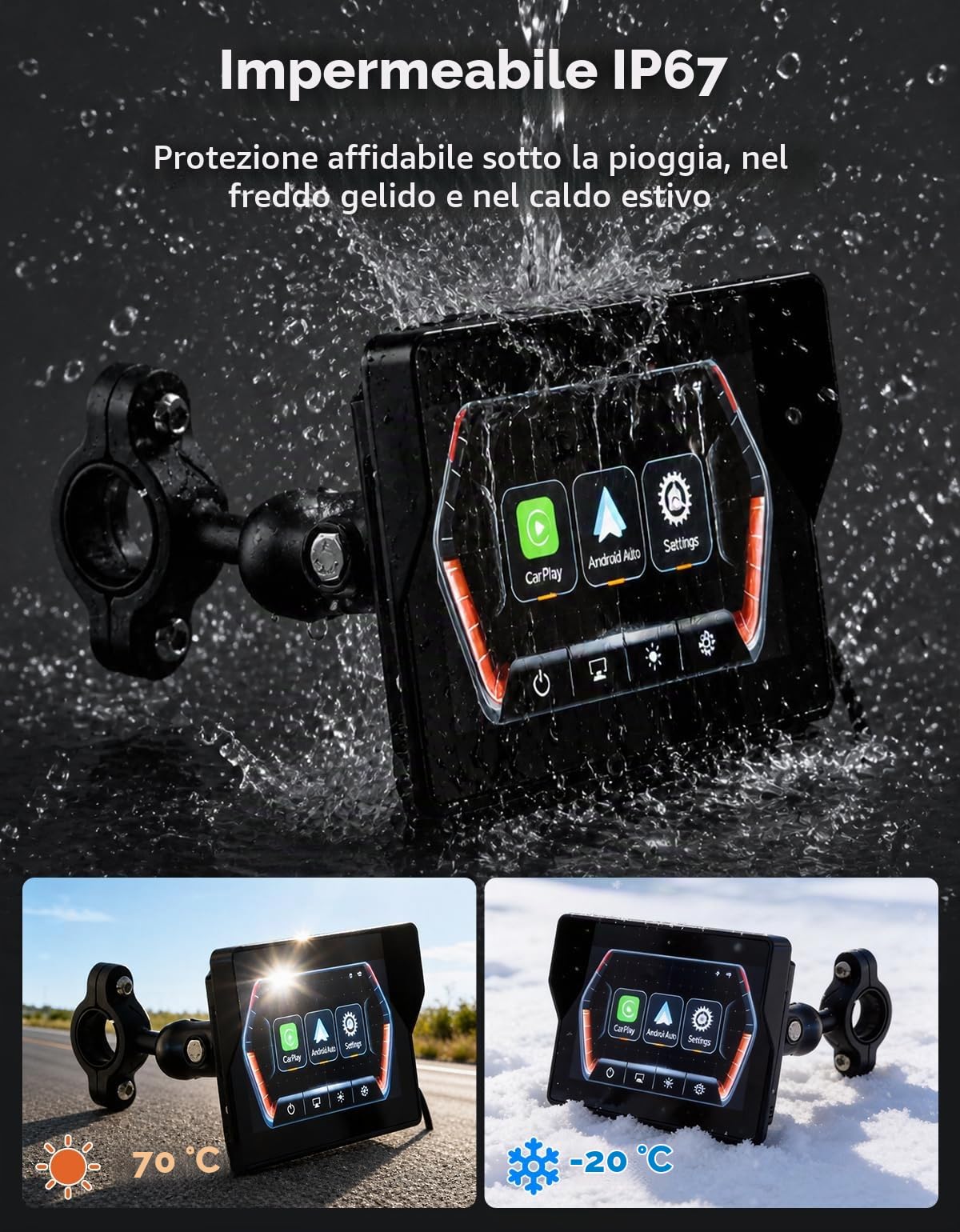 KEMIMOTO Schermo CarPlay per Moto 5 Pollici, Wireless Apple CarPlay e Android Auto, Navigazione GPS Moto IP67 Impermeabile, Compatibile con Guanti, Luminosità Automatica, Schermo HD a Colori